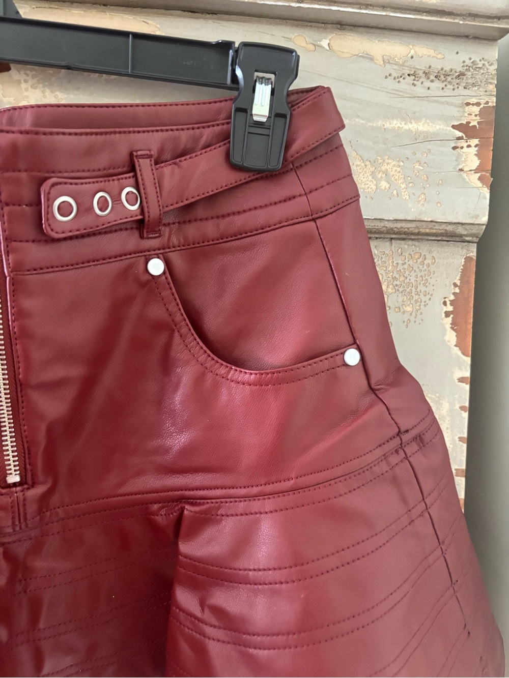 Pilcro Burgundy Faux Leather Flared Mini Skirt - Picture 7 of 11